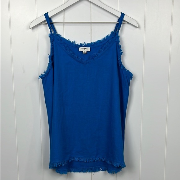 Umgee Womens Tank Top Royal Blue L Adj Slip Straps Fringe Details Linen/Rayon - Picture 1 of 10
